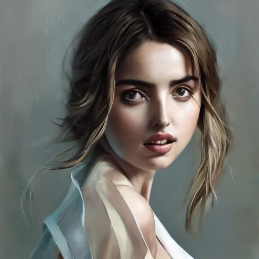 Prompt: portrait of beautiful happy young ana de armas wearing a beautiful silky white dress, painted by greg rutkowski, stanley artgerm, igor kieryluk, coherent, hyper realistic