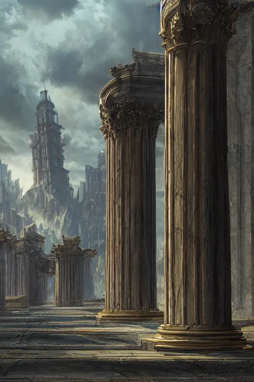 Image similar to gigantic palace, adorned pillars, towers, landscape, alex ross, neal Adams, david finch, concept art, matte painting, highly detailed, rule of thirds, dynamic lighting, cinematic, detailed, denoised, centerd