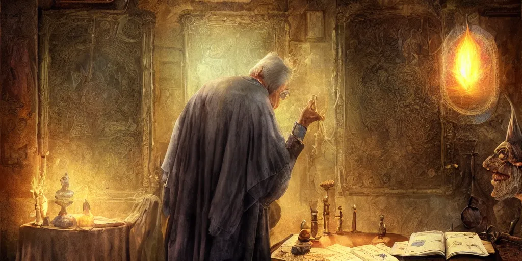 Prompt: back shot of wizened aristocrat examining the mysteries of tarot cards on a magical blackboard, fantasy art, matte painting, high quality, digital painting, artwork by tony sart