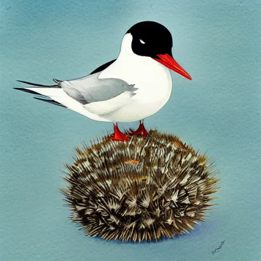 Image similar to An arctic tern holding a sea urchin, watercolor, illustration, storybook, Artstation, Ghibli, art by greg rutkowski and alphonse mucha