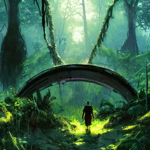 Image similar to stairs leading to a derelict portal in a middle of a lush futuristic forest, alien world seen through a portal, daylight, cinematic lighting, blue sky, syd mead, john harris