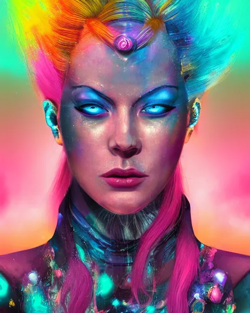 Image similar to a powerful energy psychedelic matrix queen with pink hair, by alexander fedosav, hyper detailed digital matte painting, concept art, hyperrealism, 1 6 k resolution, cinema 4 d, 8 k resolution, trending on artstation, behance hd, a masterpiece, by stephan martiniere, particles, cel - shaded, power bright neon energy, by david a. hardy