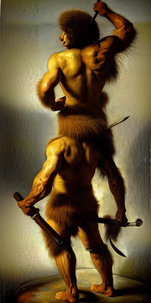 Prompt: backlit muscular lion as barbarian hunter full body ,human legs ,very textured detailed oil painting by rembrandt