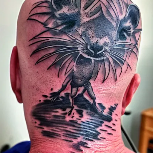 Image similar to an 8 k hdr ultra realistic photo of a contemporary award winning rat tattoo on an old man ’ s bald head