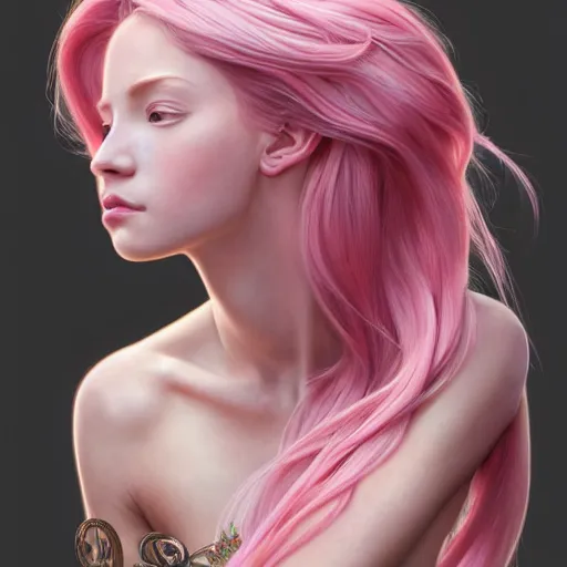 Image similar to perfectly-centered-Portrait of a pink haired Goddess, The Perfect Human Female Specimen, intricate, elegant, super highly detailed, professional digital painting, artstation, concept art, smooth, sharp focus, no blur, no dof, extreme illustration, Unreal Engine 5, 8K, art by artgerm and greg rutkowski and alphonse mucha and loish and WLOP