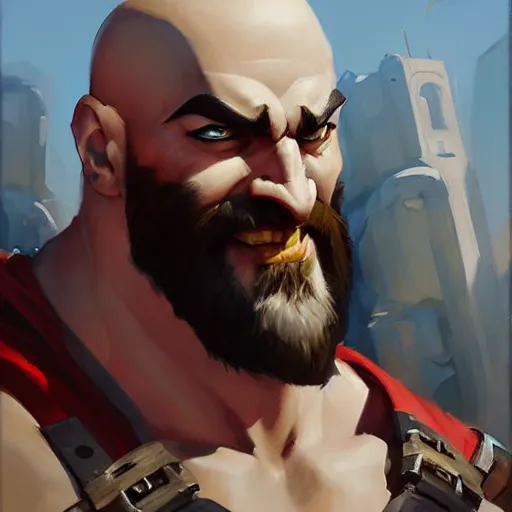 Image similar to Greg Manchess portrait painting of Kratos as Overwatch character, medium shot, asymmetrical, profile picture, Organic Painting, sunny day, Matte Painting, bold shapes, hard edges, street art, trending on artstation, by Huang Guangjian and Gil Elvgren and Sachin Teng