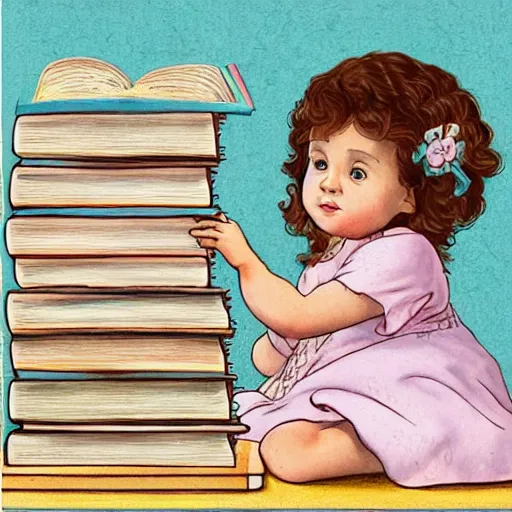 Prompt: the word fee is at the top of the image. a cute little girl with a round cherubic face, blue eyes, and short wavy light brown hair sitting on top of a stack of books. beautiful cartoon painting with flat colors and highly detailed face, outlining, children's storybook