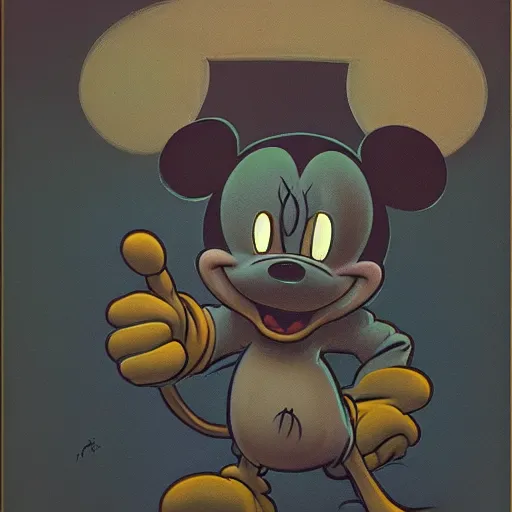 Prompt: Micky Mouse, horror, terrifying, scary, 8K, trending on artstation, full color, golden ratio, rule of thirds, low key, ray tracing, establishing shot, extremely high detail, concept art, award winning, by Frank Frazetta, John Buscema