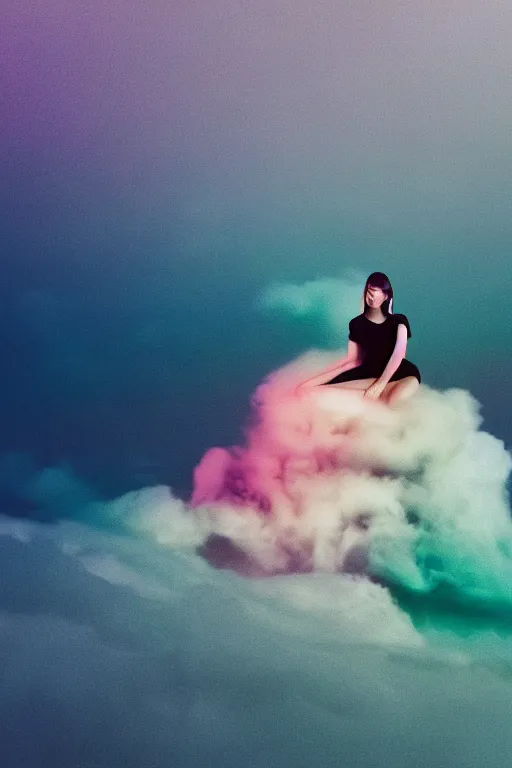 Image similar to high quality pastel coloured film photograph of a model wearing clothing resting on cloud furniture in a nordic black rock environment in a haze filled dreamstate world. three point light, rainbow. photographic production. art directed. pastel colours. volumetric clouds. pastel gradient overlay. waves glitch artefacts. 8 k. filmic.