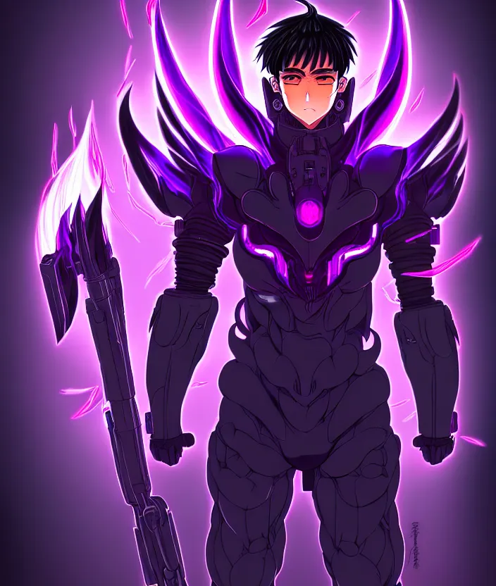 Image similar to a detailed manga illustration character full body portrait of a dark haired cyborg anime man wreathed in purple fire, trending on artstation, digital art, 4 k resolution, detailed, high quality, sharp focus, hq artwork, insane detail, concept art, character concept, character illustration, full body illustration, cinematic, dramatic lighting