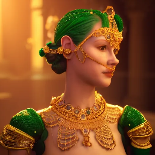 Image similar to photograph of wonderful princess with smooth fair skin, green jewelry, breathtaking, elegant, ornate, intricate, hyper detailed, accent lighting, dramatic light, 4 k octane render