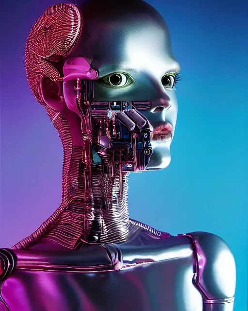 Image similar to natural light, soft focus portrait of a cyberpunk anthropomorphic female robot with soft synthetic pink skin, blue bioluminescent plastics, smooth shiny metal, elaborate ornate head piece, skin textures, by annie leibovitz, paul lehr