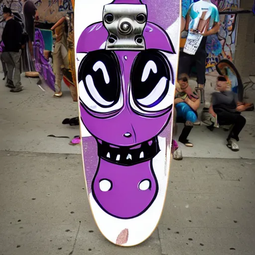 Prompt: purple alien at skateboard