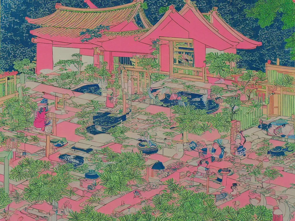 Image similar to image of a traditional japanese house with a garden, a pond in the garden, pink children are sitting around it, a combination of pop art and traditional japanese painting styles, the style of andy warhol, roy lichtenstein and jackie tsai, bright palette, acrylic on canvas