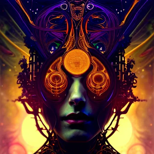 Prompt: extremely psychedelic beautiful cyborg god infected by night. intricate, elegant, highly detailed, extremely lifelike photorealistic digital painting, artstation. steichen, gaston bussiere, tom bagshaw, cyberpunk alphonse mucha. elegant minimalism. anatomically correct. sharp focus. black and gold. surreal lush cosmic hallucination