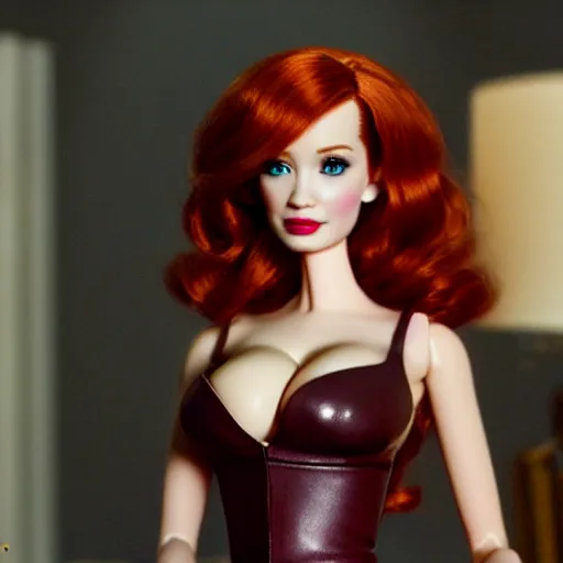 Image similar to amazing beautiful Christina Hendricks barbie doll wearing leather in the living room, film still from the movie directed by Denis Villeneuve , wide lens