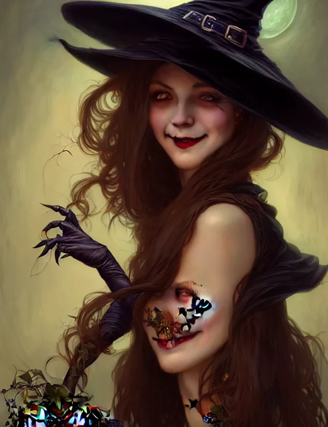 Image similar to halloween witch woman in a hat smiles, fantasy magic, undercut hairstyle, dark light night, intricate, elegant, sharp focus, illustration, highly detailed, digital painting, concept art, matte, art by wlop and artgerm and greg rutkowski and alphonse mucha, masterpiece