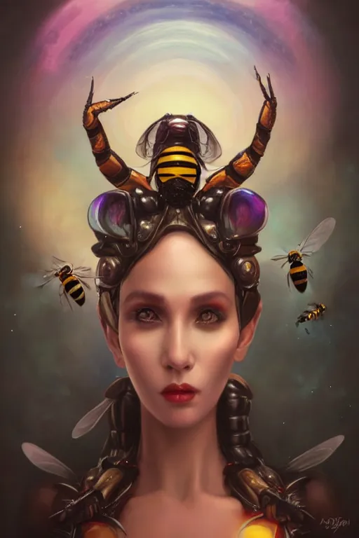 Image similar to portrait of an elegant alien bee woman queen, straight on portrait, by artgerm, tom bagshaw, gerald brom, vaporwave colors, lo - fi colors, vaporwave, lo - fi, moody vibe, goth vibe, 4 k, hd,