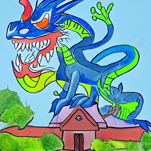 Prompt: children's cartoon of a blue dragon sitting on top of a suburban home