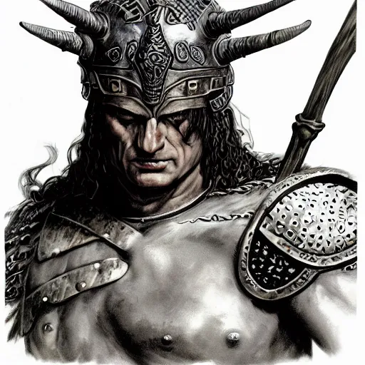 Prompt: Portrait of Conan the conqueror , in a horned helmet, scant chainmail armor, wielding an axe, muscular male, fantasy, extremely detailed, mixed media comic book style illustration, artstation, fantasy art, sharp focus, perfectly symmetrical facial features, intimate lighting, art by Frank Frazetta, Simon Bisley and Bill Sienkiewicz , hyperrealism, dark fantasy, foreboding atmosphere, perfect ratio, hyperdetailed, highest resolution, heavily detailed and complex