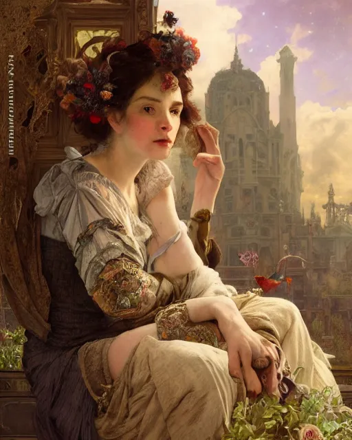 Image similar to a stunning intricate exquisite imaginative exciting western commoner close up portrait of an curious woman sitting with homely looks, tattered work clothes, ornate magical intricate and soft by ruan jia, tom bagshaw, alphonse mucha, krenz cushart, beautiful palace ruins in the background, epic sky, vray render, artstation, deviantart, pinterest, 5 0 0 px models