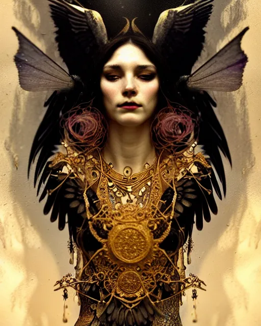 Prompt: goddess of ravens, unusual beauty, emotionally evoking symbolic metaphors, head in focus, fantasy, ornamental, intricate, elegant, sensual, highly detailed digital painting, artstation, concept art, painterly, golden ratio, sharp focus, illustration, art by Artem Demura and Rafael and Alphonse Mucha and Albert Aublet