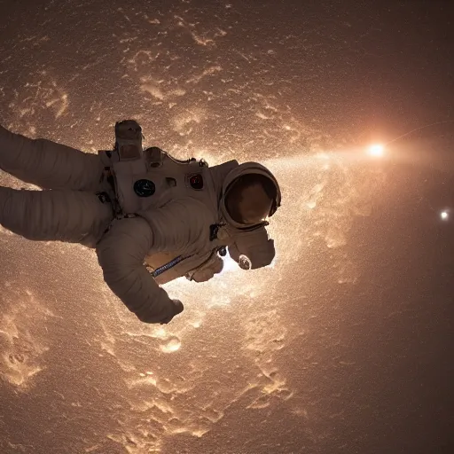 Prompt: photograph of an astronaut in space, singular light source from below, earth only visible below, darkness above, full body photo, amazing light and shadow contrast, 8 k