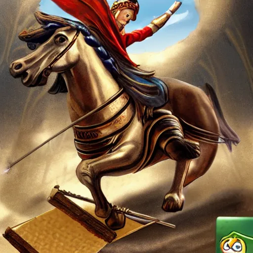 Image similar to roman chariot drawn by horse jumping a half pipe, fish lense, video game cover