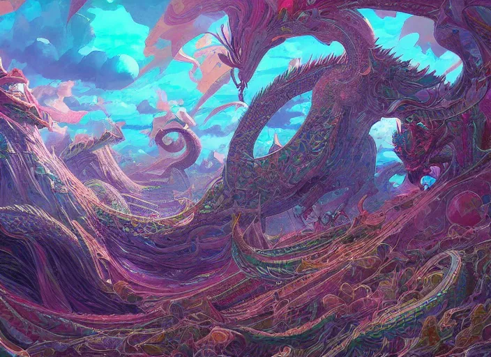 Image similar to psychedelic concept art of a dragon landscape made of thousands of spiraling dragons, cel shaded, in the style of makoto shinkai and moebius and peter mohrbacher and anton fadeev