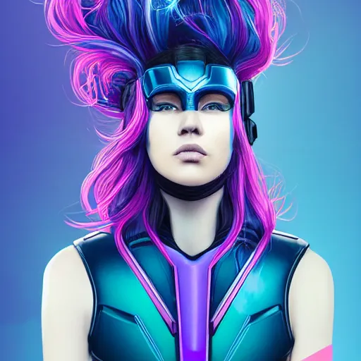 Image similar to a stunning upper body portrait of a beautiful young woman wearing futuristic navy blue and teal battle bodyarmor and pauldrons and ombre purple and pink hairstyle with hair blowing in the wind, by marvel comics, neon, highly detailed, fine detail, intricate, digital art, trending on artstation