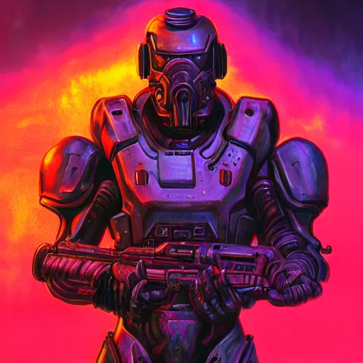 Prompt: doom slayer, synthwave, retrowave, hyper realism, detailed, colorful background, digital painting