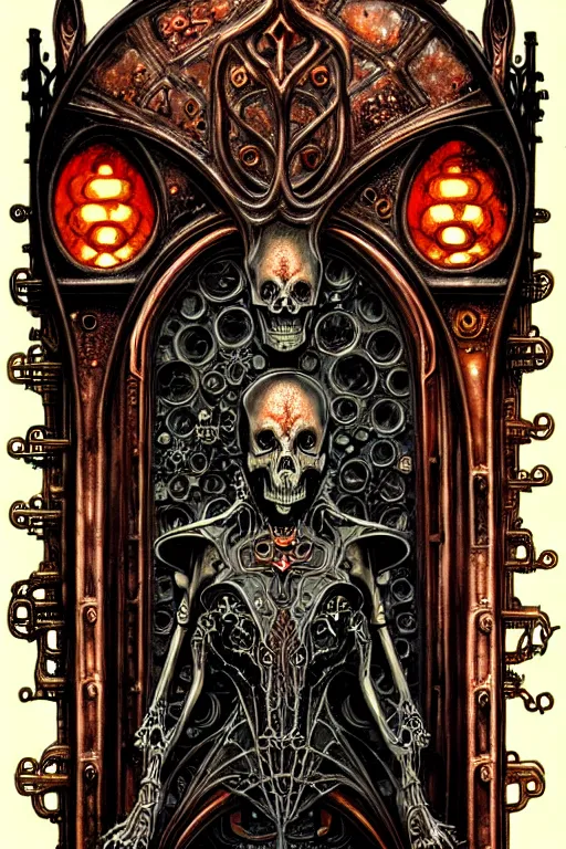 Prompt: steam necropolis, memento mori, gothic, neo - gothic, art nouveau, hyperdetailed copper patina medieval icon, philippe druillet, ralph mcquarrie, concept art, steampunk