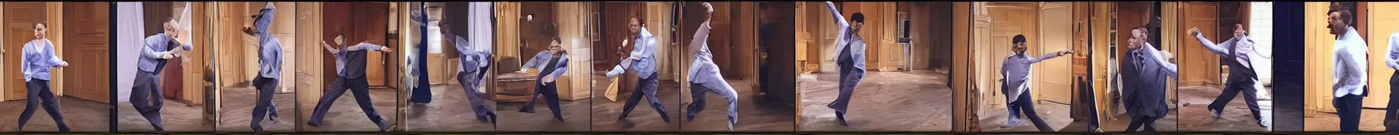 Image similar to 8 consistent frames from a video of a man dancing in a bedroom