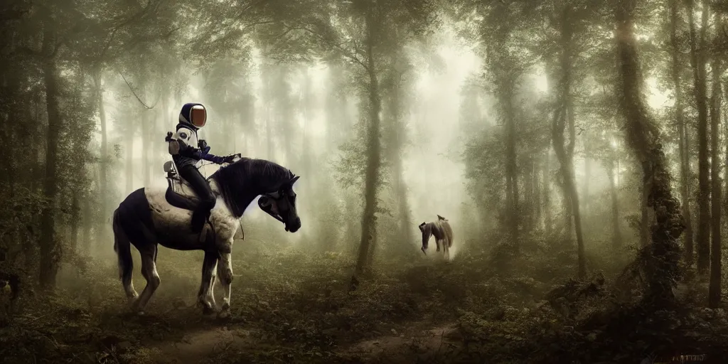 Image similar to an astronaut riding on the back of a white horse through a forest, a detailed matte painting by frieke janssens, featured on cgsociety, fantasy art, matte painting, reimagined by industrial light and magic, matte drawing