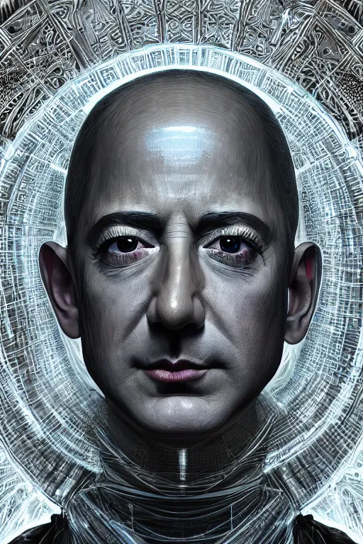 Prompt: cinematic portrait of an Jeff Bezos emperor. Centered, uncut, unzoom, symmetry. charachter illustration. Dmt entity manifestation. Surreal render, ultra realistic, zenith view. Made by hakan hisim feat cameron gray and alex grey. Polished. Inspired by patricio clarey, heidi taillefer scifi painter glenn brown. Slightly Decorated with Sacred geometry and fractals. Extremely ornated. artstation, cgsociety, unreal engine, ray tracing, detailed illustration, hd, 4k, digital art, overdetailed art. Intricate omnious visionary concept art, shamanic arts ayahuasca trip illustration. Extremely psychedelic. Dslr, tiltshift, dof. 64megapixel. complementing colors. Remixed by lyzergium.art feat binx.ly and machine.delusions. zerg aesthetics. Trending on artstation, deviantart