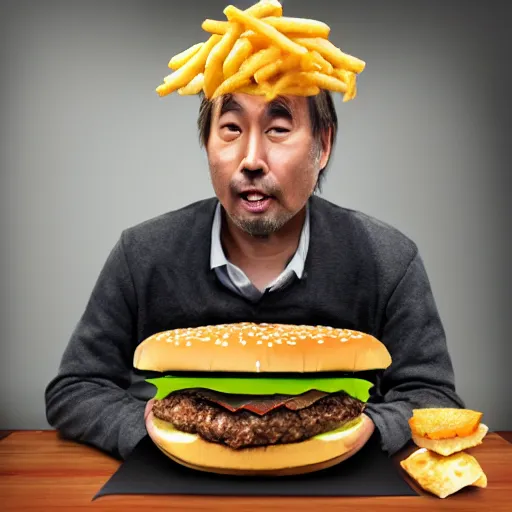 Image similar to Satoshi Nakamoto eating a cheeseburger, photo realistic, award-winning, highly-detailed, epic, cinematic, dramatic