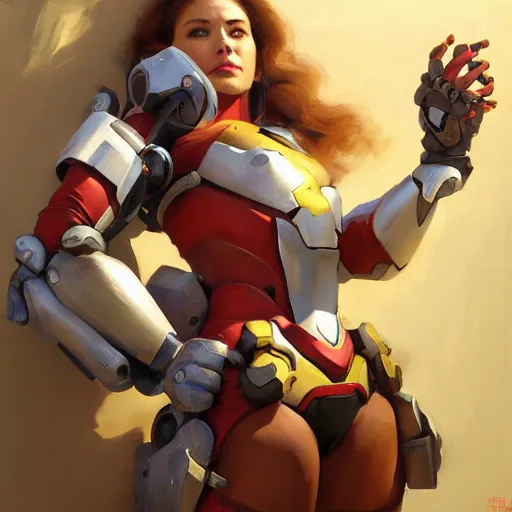 Image similar to greg manchess portrait painting of a female ironman as overwatch character, medium shot, asymmetrical, profile picture, organic painting, sunny day, matte painting, bold shapes, hard edges, street art, trending on artstation, by huang guangjian, gil elvgren, ruan jia, greg rutkowski, gaston bussiere