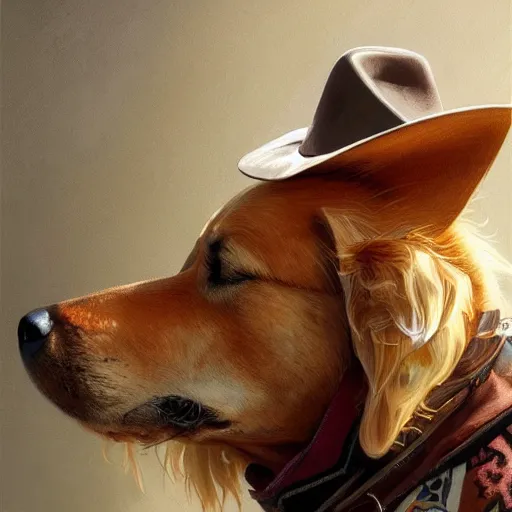 Image similar to Golden Retriever dressed as a Cowboy, highly detailed, digital painting, artstation, concept art, smooth, sharp focus, illustration, art by artgerm and greg rutkowski and alphonse mucha