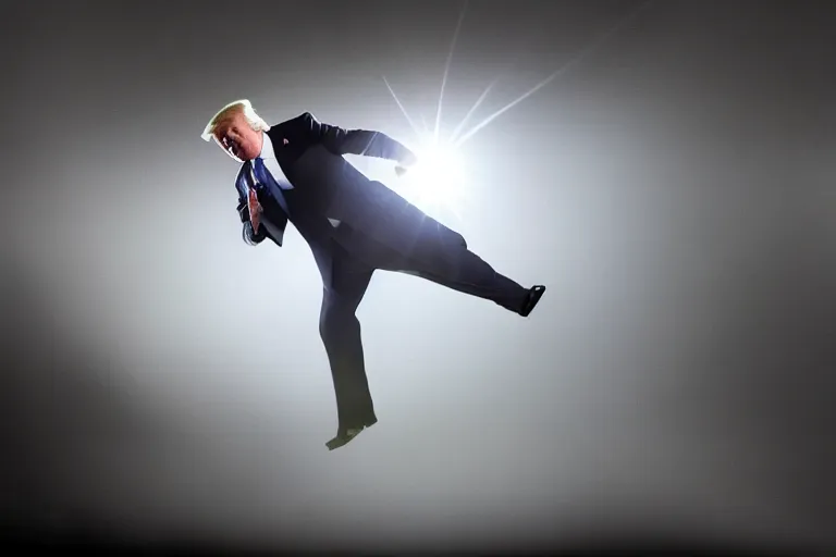 Prompt: a hero shot of Donald Trump doing a jump kick, back lit, epic, photo