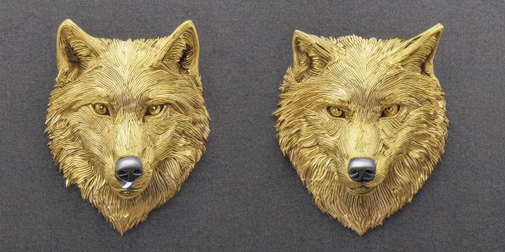 Image similar to gorgeous wolf statue portrait with gold filigree