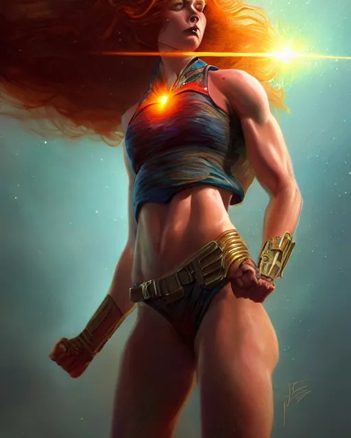 Prompt: female superhero firing laser eyes, perfect face, halter top, ginger hair, abs, cinematic, freckles, stunning, cape, athletic, strong, agile, highly detailed, psychedelic, digital painting, artstation, smooth, hard focus, illustration, art by jessica rossier and and brian froud