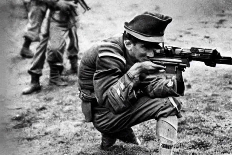 Prompt: Lionel Messi with a gun in world war 2, wide shot full body vintage photograph