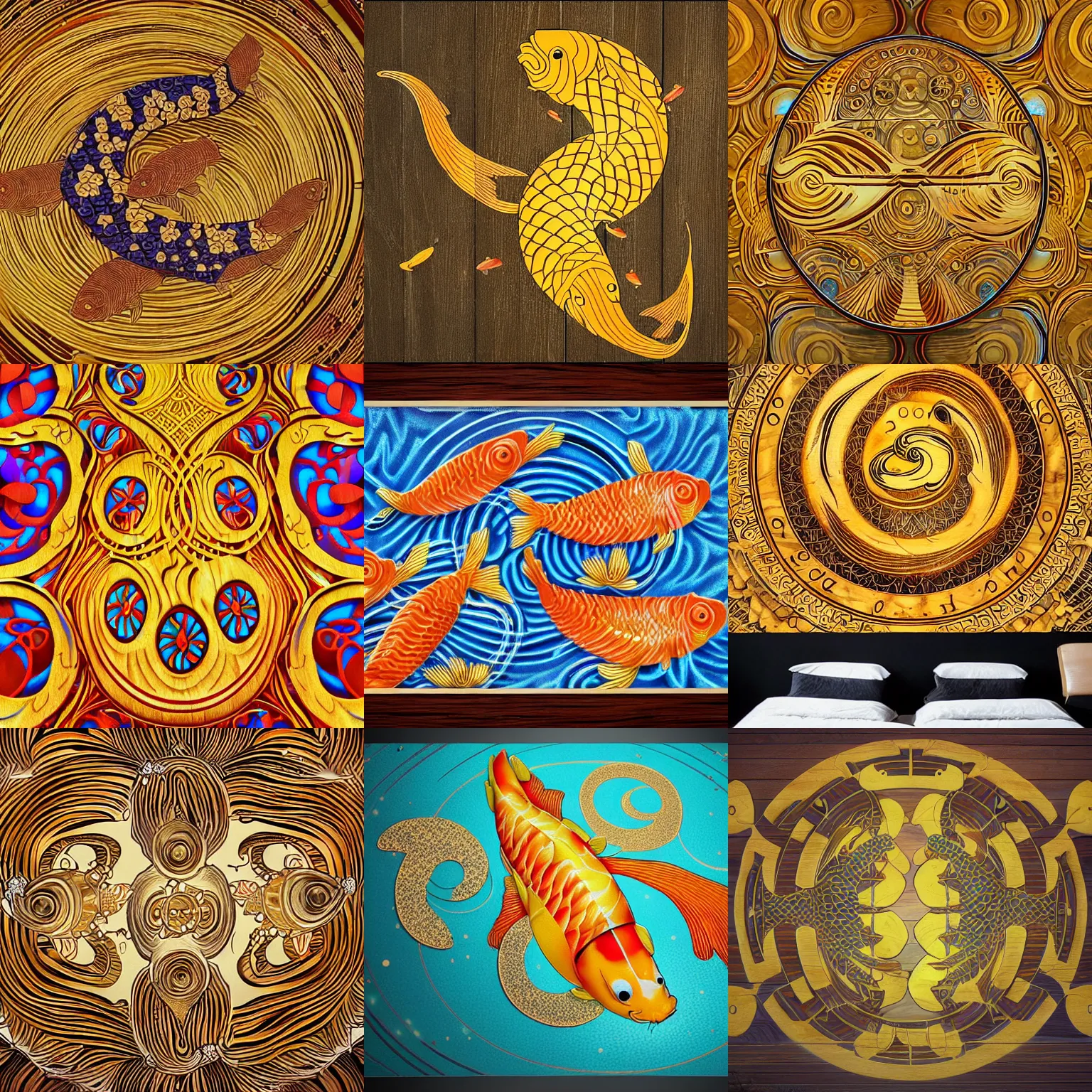 Prompt: koi fishes, fibonacci, golden ratio, sacred numbers, gold details, by audrey kawasaki, by loish, barbbara cannepa global illumination, cool colors, wood texture on top, unreal engine, octane renderer, epic mural