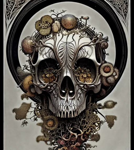 Image similar to art forms of nature by ernst haeckel, memento mori by arthur rackham, ornate antique porcelain beautiful skull mask, ultrasharp, photorealistic, hyperdetailed, octane render, polished, art nouveau, neo - gothic, gothic, intricate ornamental organic filigree, art nouveau botanicals, art forms of nature by ernst haeckel, horizontal symmetry, symbolist, visionary