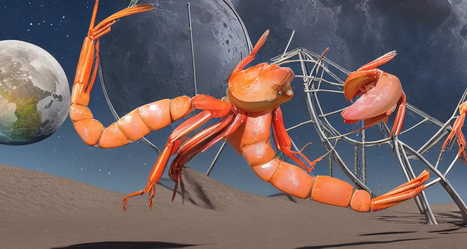 Image similar to A dancing shrimp riding a rollercoaster on the moon with the earth in the background, unreal 5, DAZ, hyperrealistic, octane render, dynamic lighting