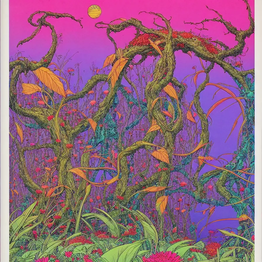 Prompt: ( ( ( ( beautiful strange forest and flowers surrounded by decorative frame ) ) ) ) by mœbius!!!!!!!!!!!!!!!!!!!!!!!!!!!, overdetailed art, colorful, record jacket