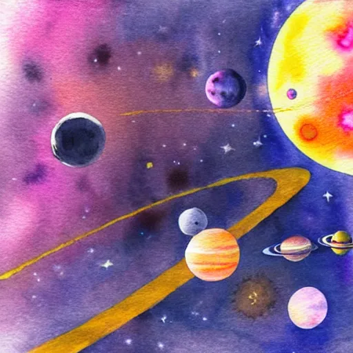 Image similar to a spaceship flying through a solarsystem in front of a pink planet, watercolor