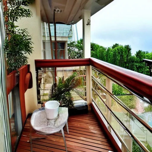 Prompt: morning coffee balcony rain peaceful relaxing