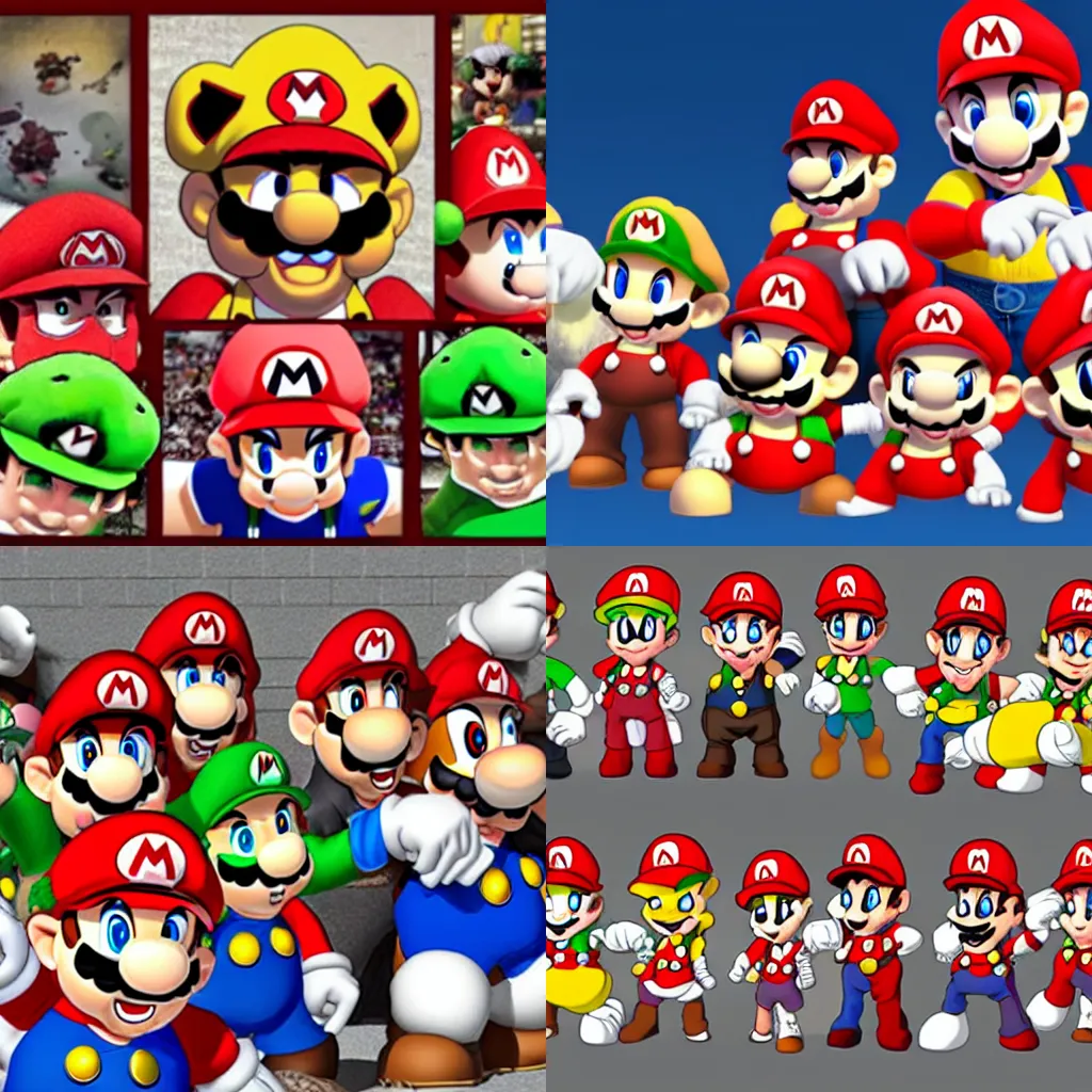 Prompt: bowser surrounded by ten exact clones of Mario, anime