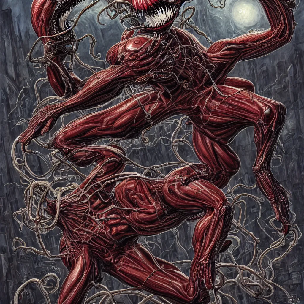 Prompt: anatomically acurate full body long shot venom from marvel comics!!!!, large mouth with teeth, lovecraftian horror!, surrealism, fantasy, intricate, elegant, highly detailed, digital painting, artstation, concept art, matte, sharp focus, illustration, art by glenn fabry